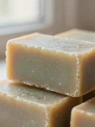 Macro close-up of textured, rough-cut Ayurvedic soap bars stacked on raw cedarwood, soft morning light, shallow depth of field