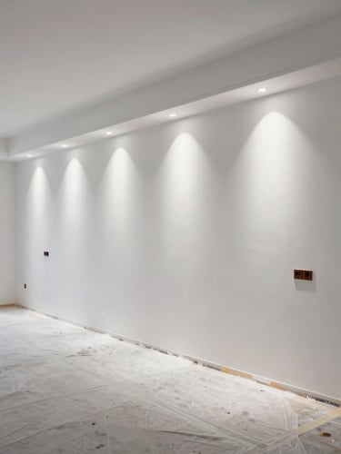 Straight-on architectural elevation of an immaculate, mid-progress residential workspace with protective sheeting perfectly taped down, crisp white work lights illuminating clean lines.