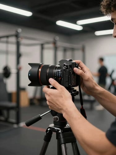 Close-up of a creator's hands adjusting a camera on a tripod inside a training facility, ring light reflected in the lens, weight racks blurred in the background under hard gym fluorescents, cables and a microphone arm visible at the edge of the frame