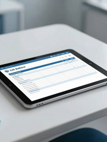 A clean, modern medical office desk with a digital tablet showing structured billing charts, soft natural daylight, shallow depth of field