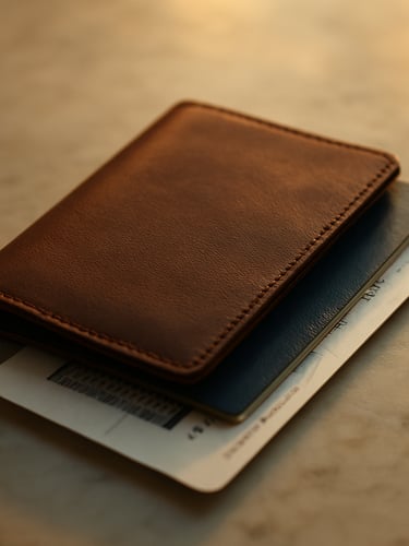 Intimate close-up of a leather passport holder and travel documents on a clean marble table, golden-hour coastal light, rich desaturated tones