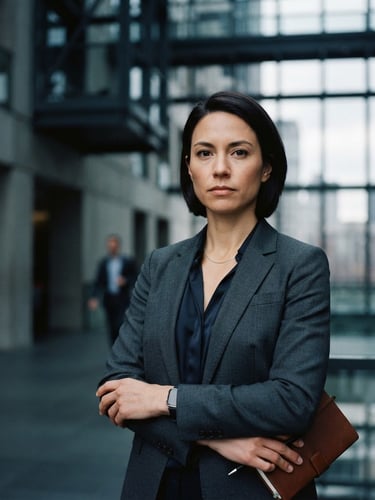 A professional, non-smiling portrait of a financial advisor in natural cool light, structured architectural background, desaturated slate tones, 35mm film photography.
