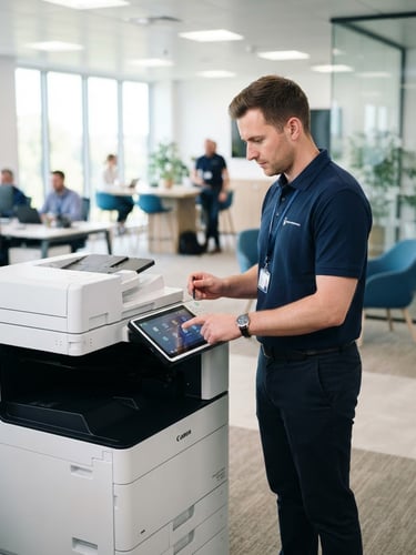 Professional technician in a bright office environment configuring a modern multifunction printer, clean corporate photography, 35mm lens