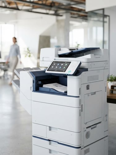 Medium-close shot of a modern multifunction office printer in a bright corporate space, crisp details, professional blue and white tones