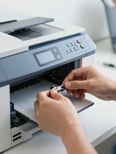 Close-up of a technician's hands performing precise maintenance on a high-end office printer, bright natural office light, crisp details, 35mm lens