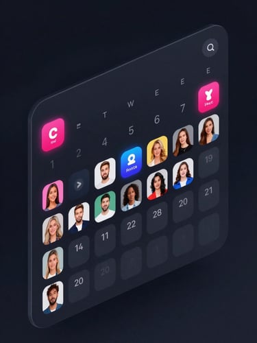 Sleek software UI rendering of a social media calendar filling up with automated posts, dark mode background, vibrant neon accents, crisp vector details, high-resolution digital graphic, isometric perspective