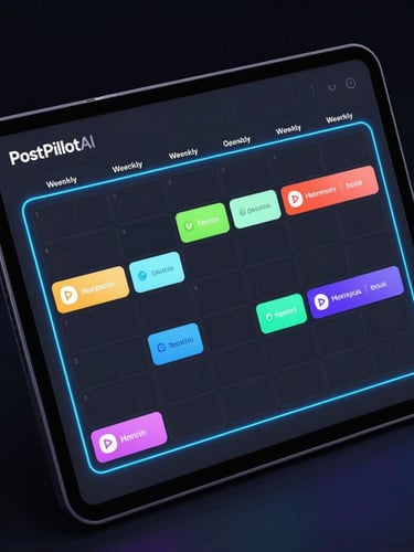 Close-up product shot of the PostPilotAI scheduling calendar in dark mode. Weekly grid filling up with automated posts, color-coded by social network. Crisp neon-accented borders in electric blue outline the active queue. Sleek backlit workspace aesthetic.