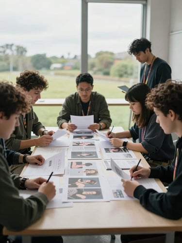 Medium-wide environmental shot of real UK-based creative professionals reviewing campaign proofs on a large table, natural overcast daylight, soft shadows, candid and unposed.