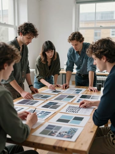 A medium-wide shot of a UK creative team collaborating around a timber table in a bright, overcast London studio, reviewing print layouts, natural soft shadows, cool undertones.