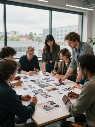 A diverse group of UK creative professionals collaborating around a large table, reviewing campaign layouts in a modern, airy workspace with large windows under overcast daylight.