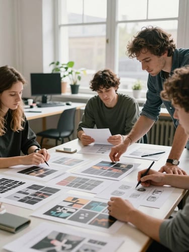 A collaborative workshop in a bright Bristol creative studio, UK designers reviewing campaign layouts on a table under soft natural overcast light.
