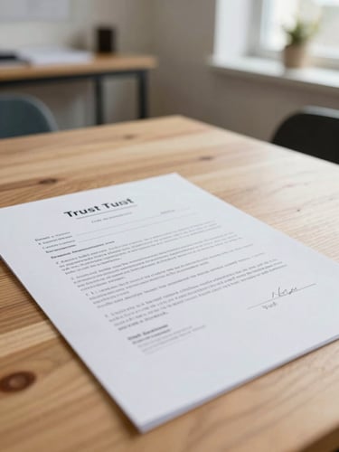 A close-up of a printed legal trust charter document resting on a clean wooden table in a brightly lit Bristol creative studio, soft natural UK daylight.