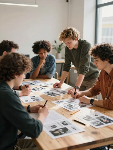 Overcast daylight, medium shot of a diverse UK creative team collaborating around a timber table in a bright, modern workshop space, focusing on campaign layouts, soft shadows.