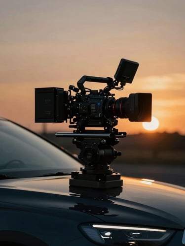 Behind-the-scenes shot of a high-end cinema camera rig on a gimbal, tracking a sleek vehicle at sunset, warm amber flares, moody low-key lighting.