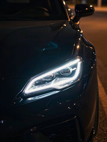 Cinematic close-up of a sleek black sports car headlight with sharp neon reflections of Cairo night lights, high contrast, 35mm anamorphic lens.