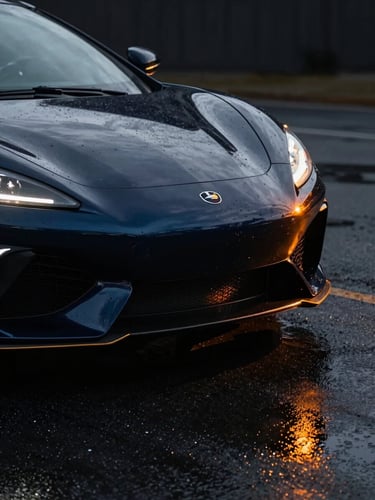 Sleek luxury sports car close-up with dramatic wet reflections on asphalt, high-contrast cinematic studio lighting, deep navy and amber tones, 35mm anamorphic lens.