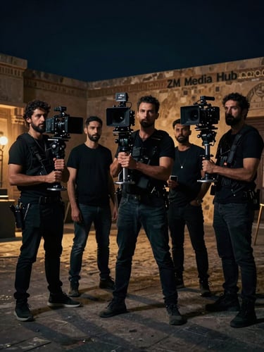 A professional, high-contrast portrait of the ZM Media Hub production team on a cinematic set in Cairo, holding high-end camera rigs, low-key dramatic lighting with deep navy and amber tones.