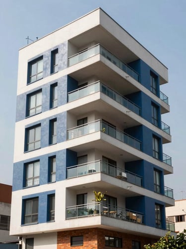 Modern residential building exterior in Bogotá with clean lines, bright natural daylight, corporate blue tones, 35mm lens
