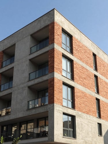Exterior of a modern residential building in Bogotá, bright morning sun, clean concrete and brick architecture, sharp focus, professional photography