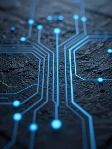 Macro close-up of glowing digital data streams flowing smoothly through a dark slate circuit grid, sharp electric blue light accents, minimalist tech aesthetic, 35mm lens, cinematic lighting