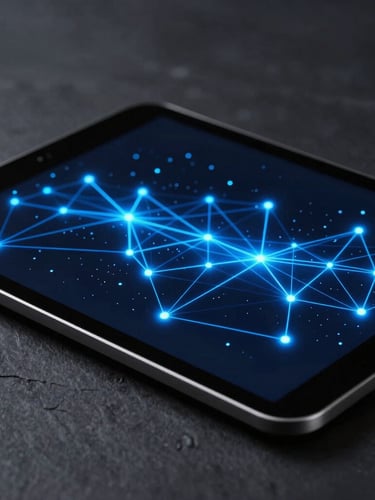 Sleek close-up of a high-tech tablet displaying abstract glowing blue node connections, dark slate background, sharp lighting