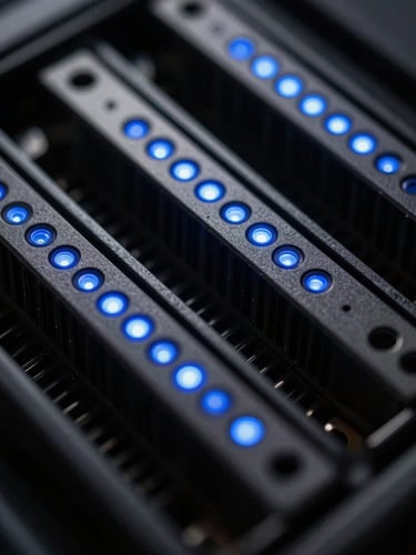 Extreme close-up macro photograph of high-end server hardware, cold blue LED status lights reflecting off dark brushed metal, sharp shadow lines, technical precision, 35mm