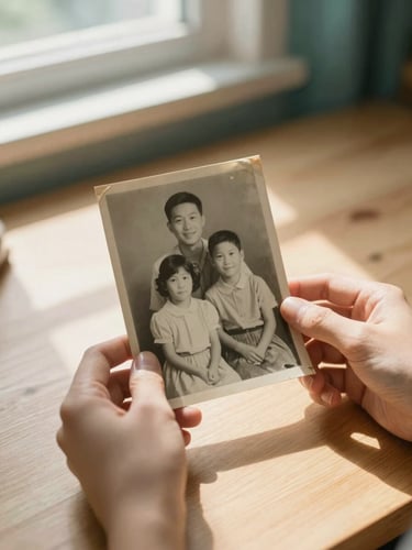 An intimate close-up of hands gently holding an old, faded black-and-white family photograph, soft natural window light casting warm shadows on a wooden table.