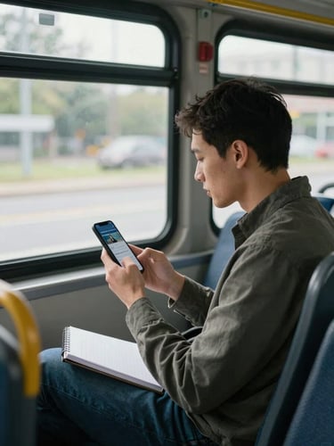Wide environmental shot, adult commuter in their 30s looking at a smartphone screen showing an online course interface, seated on a city bus near a window, natural daylight from the window, notebook resting on lap, candid and unposed