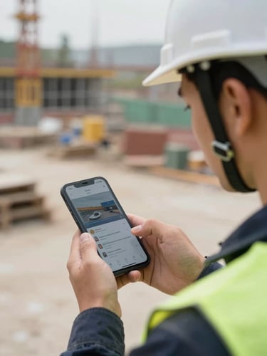 Close environmental shot of an adult worker in a hard-hat glancing at a smartphone screen showing a course module, construction site background with natural outdoor ambient light, hands and device in sharp focus, context filling the frame