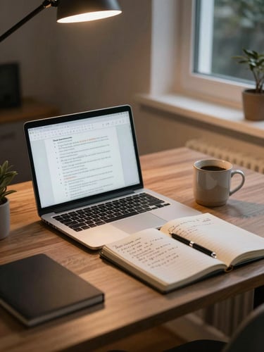 Wide shot of a home office desk at night, laptop open showing coursework, a ceramic mug of coffee beside it, warm window light from a street lamp casting soft shadows across a notebook with handwritten notes