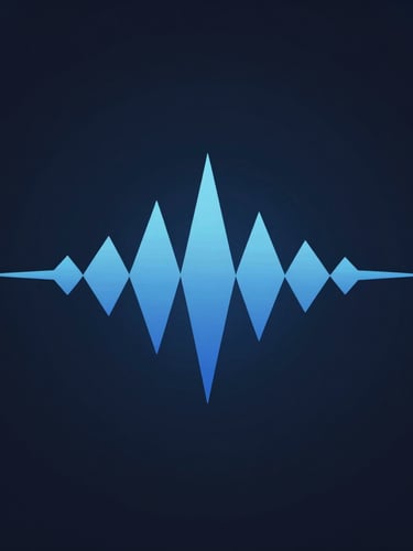 Minimalist conceptual digital illustration of a clean audio wave pattern intersecting with geometric shapes, cool studio lighting with soft blue ambient glows, deep navy background, cinematic negative space