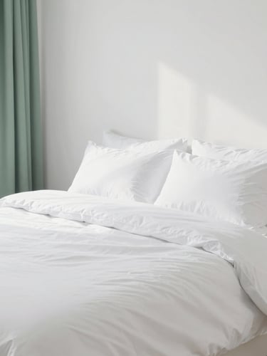Bright high-key interior photography of a pristine rental bedroom, clean white linens, soft sage green accents, crisp natural daylight, sharp focus, 35mm