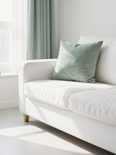 Bright high-key living room photography, crisp natural daylight, clean white surfaces and soft sage accents, sharp focus, 35mm