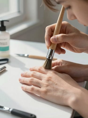 Extreme close-up, left-bleed frame: a technician's hands guiding a student's grip on a nail brush over a practice hand, tools and product laid out on a clean white work surface beside them, natural window light raking across the hands from the left, sharp focus on fingertips and brush bristles, no faces