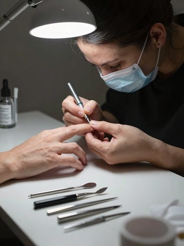 Medium shot of a nail technician's hands at work — applying product to a client's nail under a focused studio light, tools laid out in an orderly row on the work surface beside the hand, clean and precise workspace context