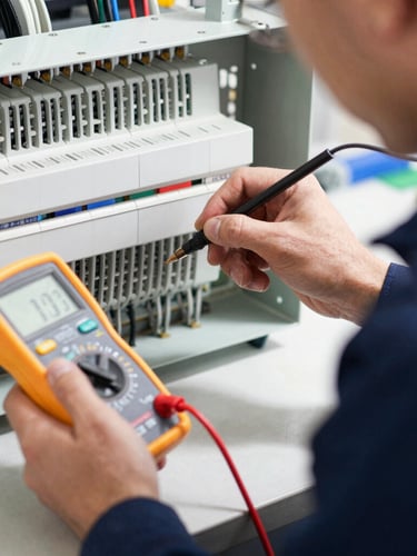 Close-up of a technician in a navy blue uniform testing an AC electrical board with a digital multimeter, bright natural daylight, sharp focus on tools
