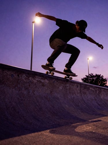 Low-angle dynamic action shot of a skateboarder executing a trick over a concrete gap at dusk, dramatic streetlights casting long shadows, deep purple color grading, gritty 35mm film texture.