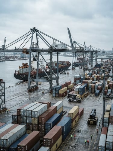 Modern container terminal with towering cranes, cool overcast daylight, desaturated slate and steel tones, sharp focus, 35mm
