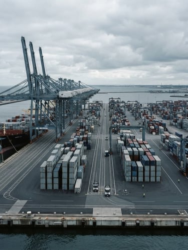 Wide architectural shot of a modern container terminal under cool overcast daylight, desaturated slate and steel tones, sharp focus, 35mm