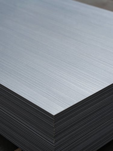 Close-up of industrial quality-control inspection of raw steel sheets, cool overcast daylight, desaturated slate and steel tones, sharp focus, 35mm
