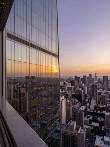 Wide panoramic view from the 30th floor of a glass tower at dusk, city grid receding into amber and violet horizon to the right, interior edge of a marble window ledge visible in the extreme left foreground, telephoto compression flattening the skyline into a calm geometric band, ambient golden light on the glass surface