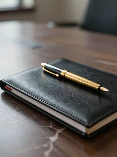 Extreme close-up of a single black leather portfolio resting on a polished marble conference table, a gold fountain pen placed diagonally across it, soft ambient office light from the left, shallow depth of field, no people
