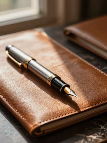 Extreme close-up of a single fountain pen resting on an open leather portfolio on a dark marble desk, warm golden window light raking across the grain, shallow depth of field, no people, calm executive material detail