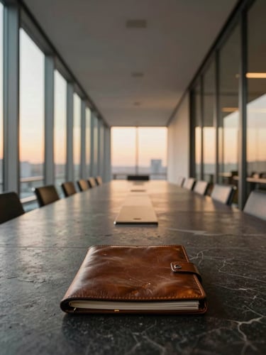 Wide-angle view of a glass-walled executive conference room from outside the corridor, warm amber light filtering through floor-to-ceiling windows onto a long dark stone table, single leather portfolio centered on the surface, no people, telephoto compression flattening the geometry
