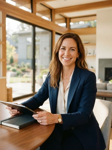 Warm editorial portrait of Amber Dahlquist, professional female real estate agent, smiling warmly, bright daylight, clean architectural framing, 35mm