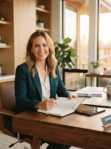 Professional, warm portrait of real estate agent Amber Dahlquist in a sun-drenched modern home office, golden-hour natural light, clean architectural framing, 35mm