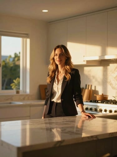 Professional real estate agent Amber Dahlquist in a bright, modern Florida home kitchen, warm golden-hour sunlight, natural editorial style, 35mm