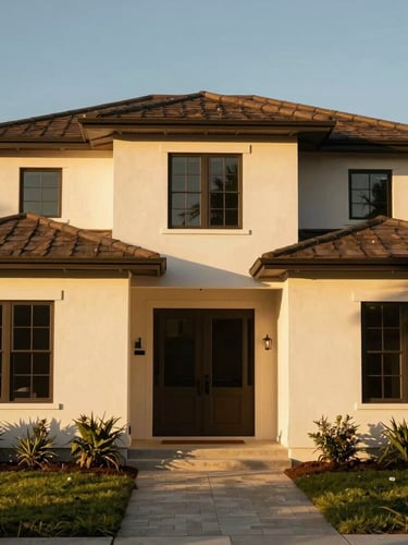 Warm editorial photography of a modern Florida craftsman home exterior, sun-drenched golden-hour natural light, rich saturated tones, 35mm
