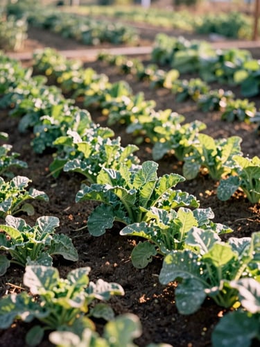 Vibrant organic vegetables growing in neat rows in a sunny garden bed, Santa Clarita ranch, close-up, warm natural light, shallow depth of field, 35mm film.