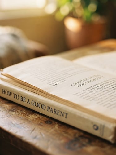 Close-up, warm documentary photograph of the 'How to Be a Good Parent' book, open to a chapter on responsibility, in soft natural daylight, shallow depth of field.